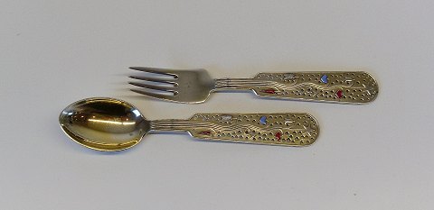 A. Michelsen Christmas spoon & fork in gilded sterling silver and enamel from 
1939