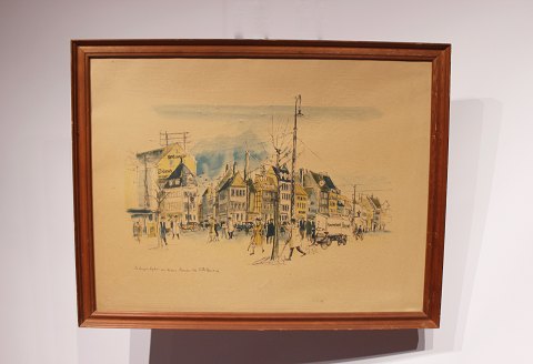 Tegning af Kongens Nytorv mod Nyhavn, Kjøbenhavn fra November 1946 signeret 
Victor Weinrich.
5000m2 udstilling.