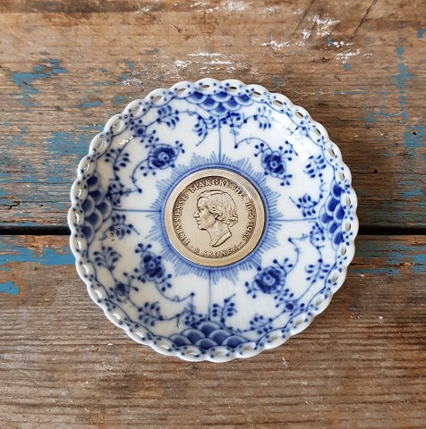 Royal Copenhagen Blue Fluted Full Lace Cuff with Silver Coin - Princess 
Margrethe 18th Birthday 16 April 1958.No. 1009