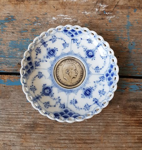 Royal Copenhagen Blue Fluted Full Lace Cuff with Silver Coin - King Christian X 
25th Government Anniversary 1912-37 Coin.No. 1009