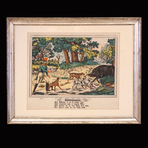 Lithography: Wild boar hunt. Visible size: 
26x38cm. With frame: 45x57cm