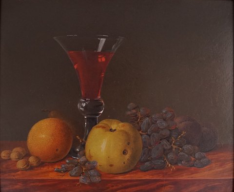 Painting, still life with fruit and a baroque wine glass, 19th century