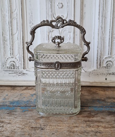 Beautiful old biscuit bucket in pressed glass with pewter mount