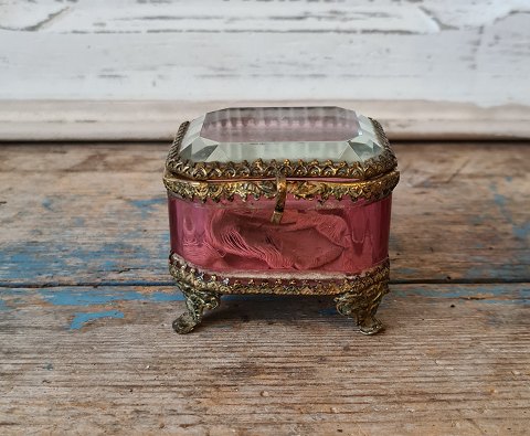 Beautiful 1800s octagonal French box in raspberry colored glass