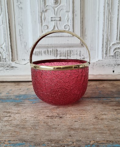 1800s sugar bowl in raspberry colored glass with brass mounting