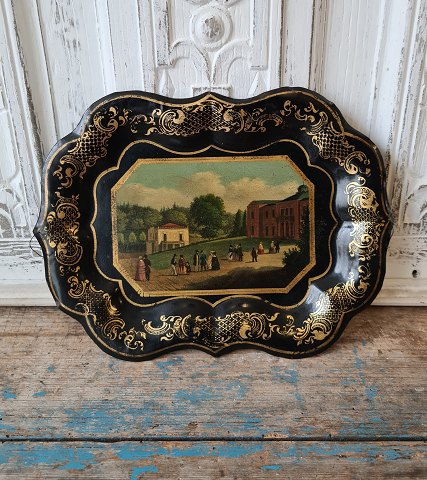 Victorian metal tray with landscape motif 20 x 26.5 cm.