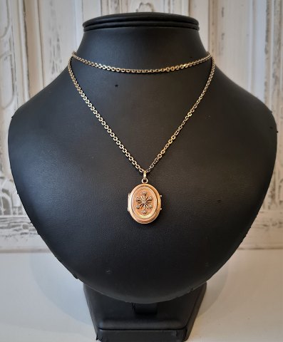1800s medallion with 6 real pearls in long chain - 14 kt 80 cm.
