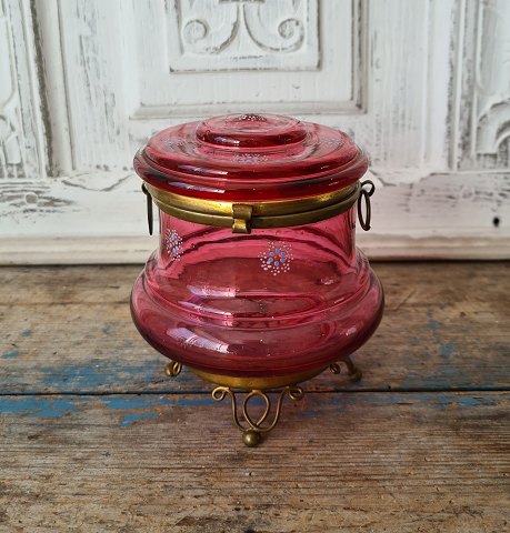 1800s jewelery box in raspberry / pink glass with enamel paint