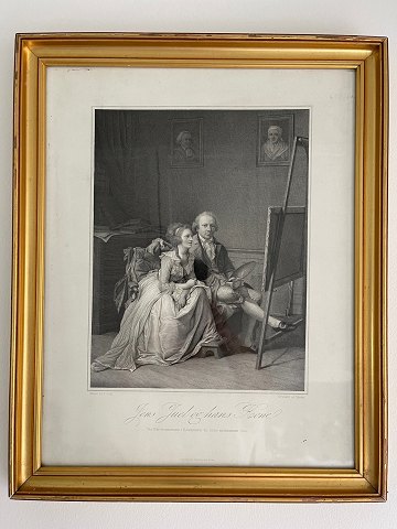 Indrammet tryk af Jens Juel og hans kone ved staffeliet, midten af 1800-tallet. Fransk tryk af Chardon ainé et Aze