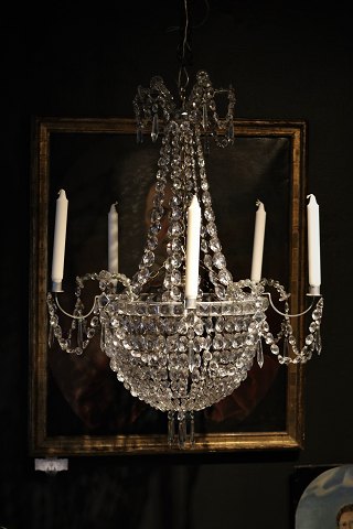 Fine, old Swedish prism chandelier from around 1900 in metal, decorated with 
lots of fine clear glass prisms....