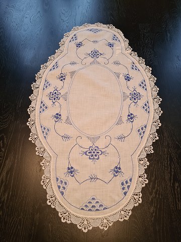 Table runs embroidered with blue fluted pattern Measures 44 x 78 cm.