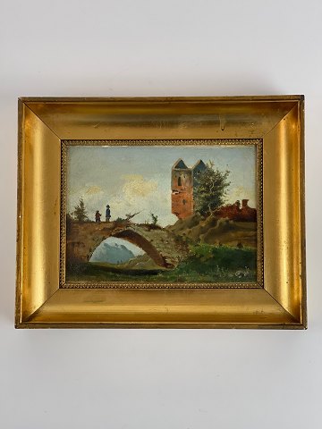 Maleri af landskab med bro og borg samt personer - muligvis tysk eller østrisk - betegnet på bagsiden med blyant Hans Fischer, utydeligt signeret med initialer