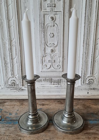 Pair of beautiful 1800s tin candlesticks with pearl edge