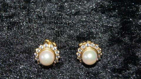 Elegante Øreringe i 8 karat Guld med zikoner og hvis perle