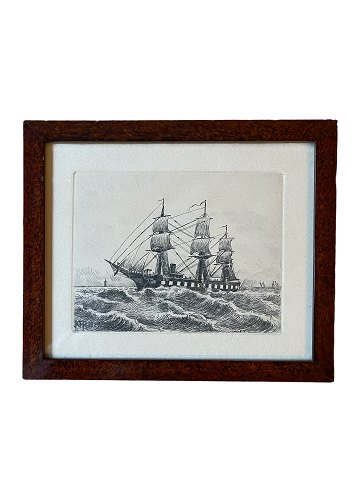 Original etching by Karl Hansen Reistrup (1863-1929), of a ship with three 
masts.