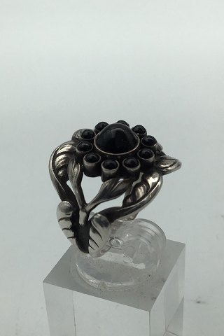 Georg Jensen Sterling Silver Ring No 10 Moonlight Blossom Black Agate.