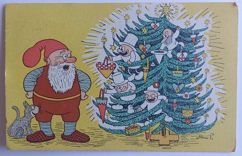 Postkort af Storm P. Juleglæde i træet
