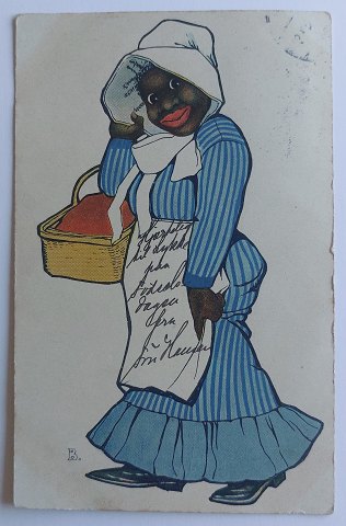 Tegnet postkort: Kvinde på indkøb 1906