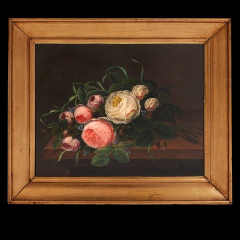 Blomstermaleri fra I. L . Jensens skole med motiv 
i form af hvide og lyserøde roser. Olie på træ. 
Danmark ca. år 1830-40. Signeret T. Sandholt. 
Lysmål: 32x40cm. Med ramme: 44x52cm