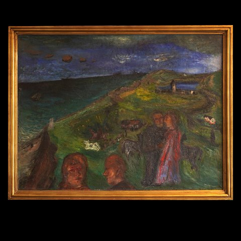 Jens Søndergaard, 1895-1957, Öl auf Leinen. 
Menschen und Häuser am Meer signiert und datiert 
1928. Lichtmasse: 90x118cm. Mit Rahmen: 101x129cm