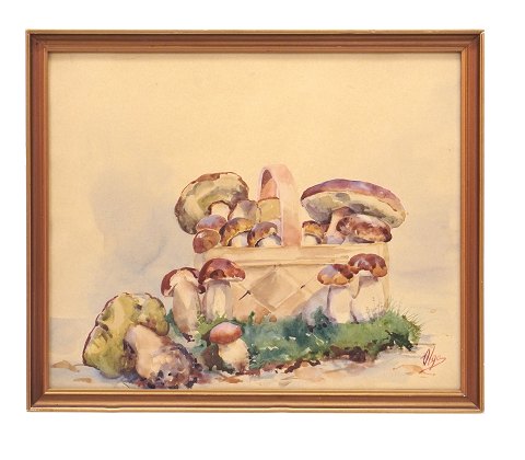 Grossfürstin Olga Alexandrovna von Russland: 
Stilleben mit Pilzen. Aquarell. Signiert um 1930. 
Lichtmasse: 33x40cm. Mit Rahmen: 37x44cm