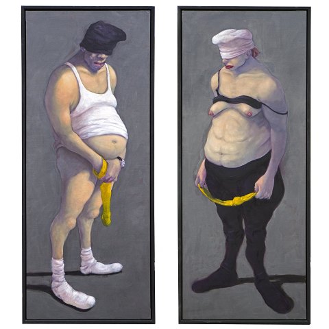 Michael Kvium, b. 1955, oil on canvas. "A Couple" 
dated 1995. Exhibited at the Artmuseum AroS, 
Aarhus, Denmark, 2006, at the exhibition 
"Jaywalking Eyes". Size: 200x80cm each