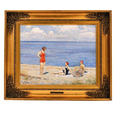 Paul Fischer maleri. Paul Fischer, 1860-1934, olie 
på lærred, tre badepiger på en strand. Signeret 
Paul Fischer. Lysmål: 31x38cm. Med ramme: 46x53cm