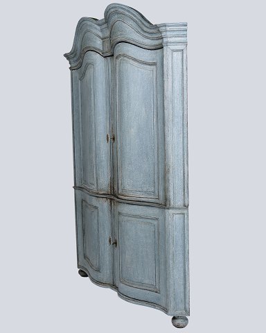 Large Baroque Corner Cabinet - Original Blue Paint & Brass Fittings - Natural 
Patina - Curved Doors - 1780s
