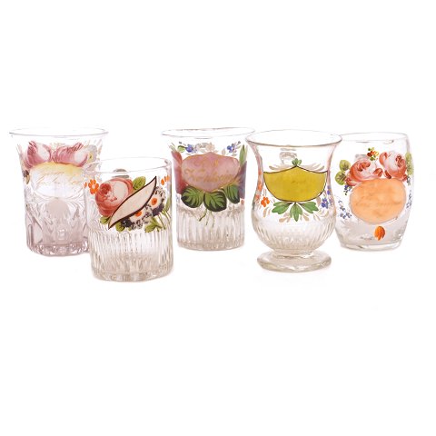 Collection of five enamel decorated glasses circa 1860-80. H: 9-10cm