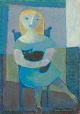 L'Art præsenterer: Hans Sørensen (1906-1982), dansk kunstner.Modernistisk portræt af siddende kvinde med kat.
