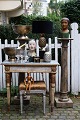 Antique Louis XVI console table with scraped original colour, gold-plated 
decorations and gray marbled top...