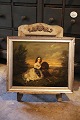 Antikt , 1800 tals maleri , malet på træ med motiv af ung pige med sin hund 
siddende i haven...