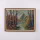 Osted Antik & Design præsenterer: Landskabsmaleri på Lærred med Skovmotiv og Å i Guldramme 47,5 x 64 cm