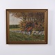 Osted Antik & Design præsenterer: Oliemaleri på Lærred med Rådyr ved Stengærde i Guldramme 58,5 x 70 cm