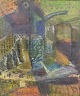 L'Art præsenterer: Europæisk kunstner, abstrakt oliemaleri på plade, signeret.
