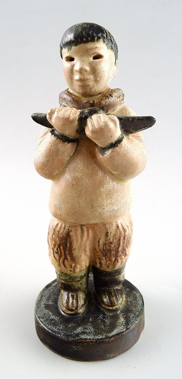 Rare Arne Ingdam, Denmark 60s, Eskimo boy with kayak in his hands, ceramics.