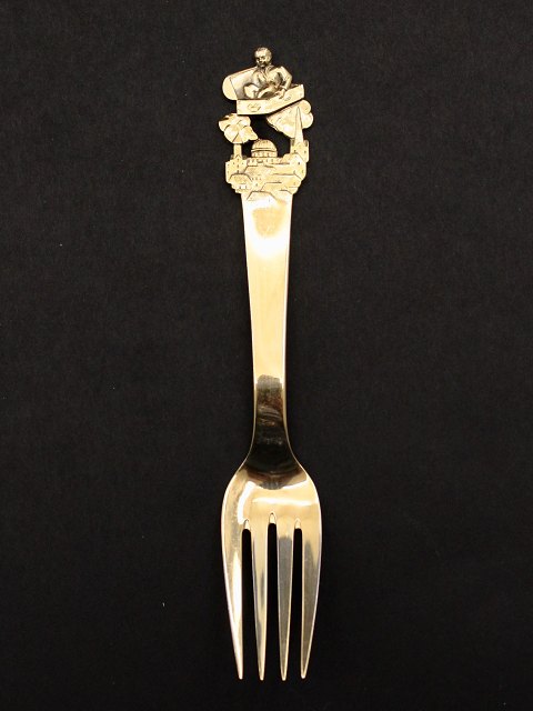 H C Andersen children fork 14.5 cm. "The Flying Suitcase" gilded Horsens silver