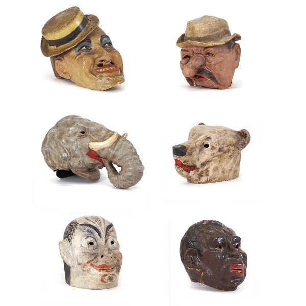 Set of six decorative full size masks from an Italian theater group circa 1930-40