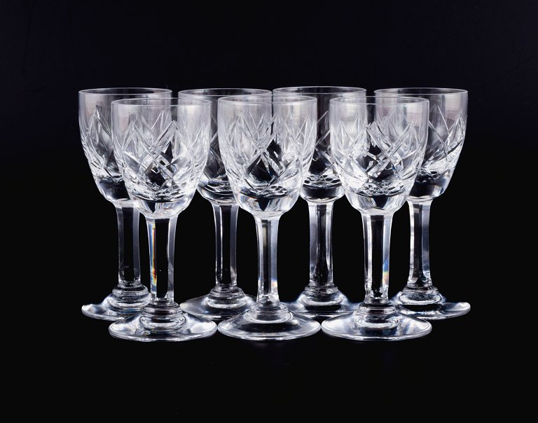 St. Louis, France, set of seven handmade crystal glass schnapps glasses.
Faceted stem.