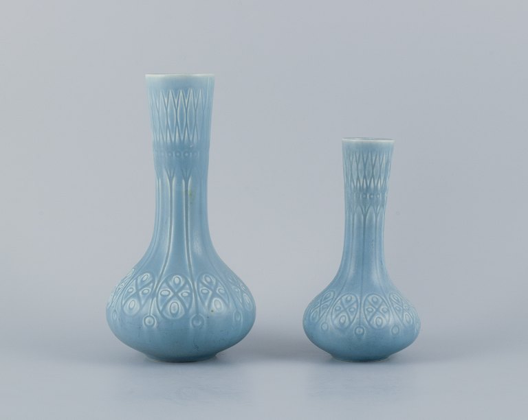 Upsala-Ekeby/Gefle, Sweden. Two "Kairo" (Cairo) ceramic vases in light blue 
glaze.