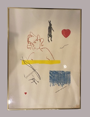 Litography no. 137/300, Christianias kanin og hjerte / "The rabit and heart of 
Christiania"
Made and sold to benefit Christiania in the 1970s
H: 64 cm, W: 47, including frame
Minor water damage in the right corner
Signed "Freddie 1977"
1
