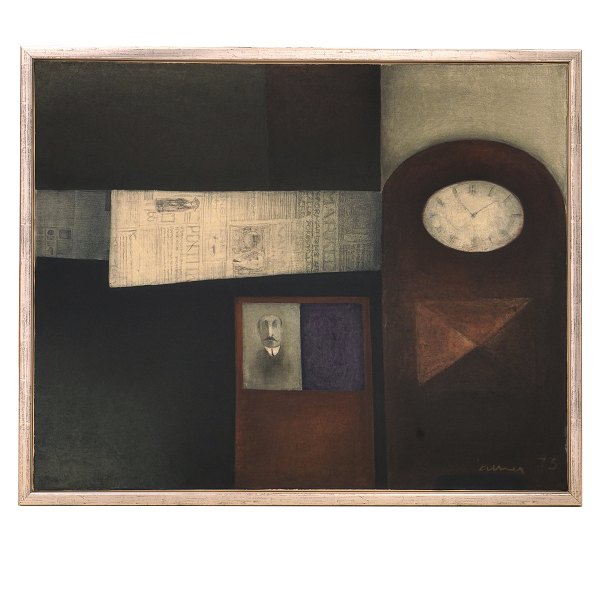 Albert Bertelsen, 1921-2019, oil on canvas. "Stillife with Clock". Signed and 
dated 1973. Visible size: 81x100cm. With frame: 87x106cm