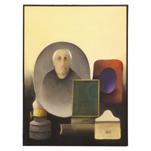 Albert Bertelsen, 1921-2019, oil on canvas. "Antiques". Signed and dated 2017. 
Visible size: 93x70cm. With frame: 96x73cm