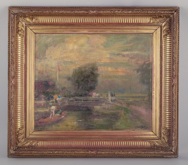 Eugène-Louis Gillot (1868-1925), listed French artist.
Scene of rural life by a river.