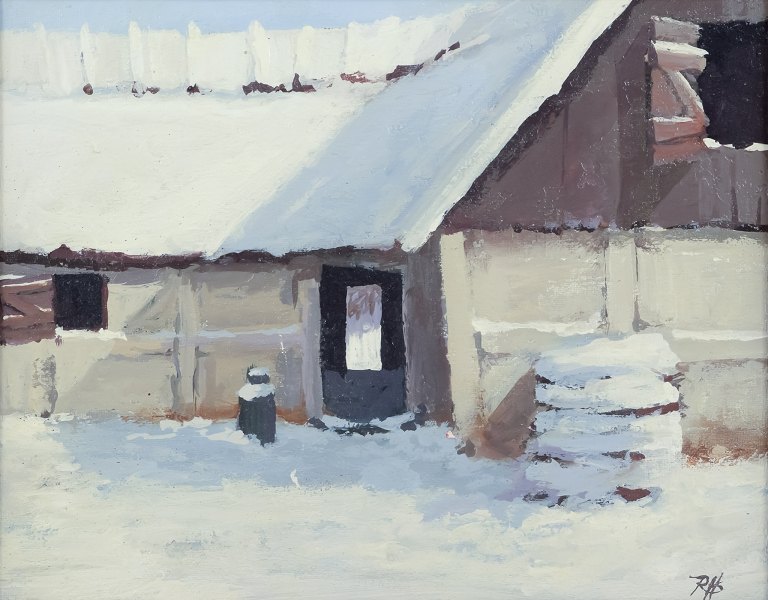 Roald Hansen (f. 1938), dansk maler. 
Olie på lærred.
Eksteriør af gård, vinterlandskab.