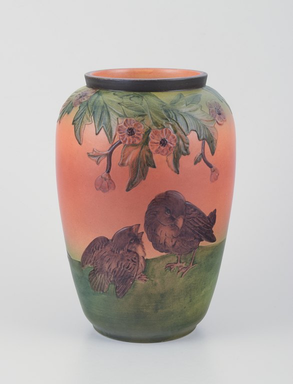 Ipsens, Denmark, ceramic vase with motif of two sparrows.