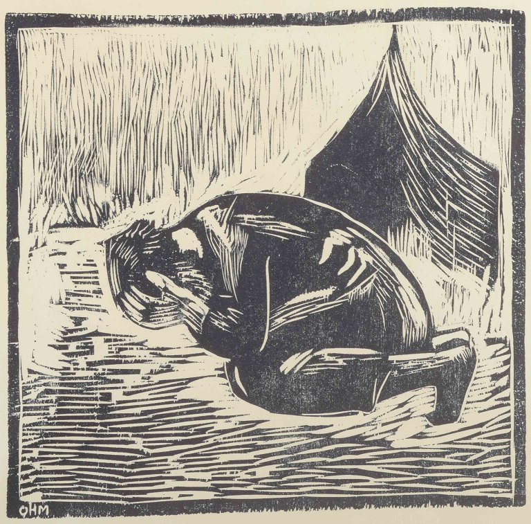 Olivia Holm-Møller, Danmark.
Træsnit med figur i knælende stilling foran telt. Signeret med monogram "OHM".