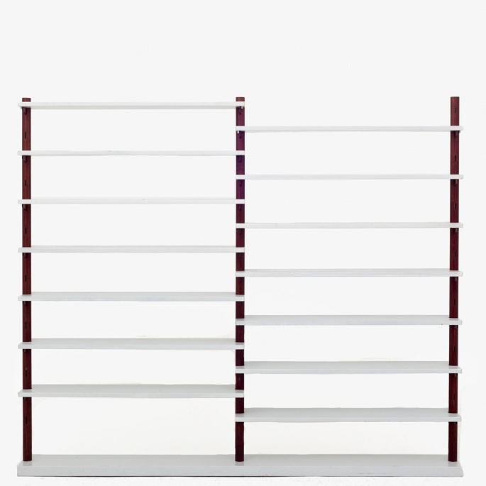 Aksel Bender Madsen and Ejner Larsen / Willy Beck.
Rare teak shelving system/room divider with original, grey lacquered shelves. 
Designed in 1949 and first exhibited at the Copenhagen Cabinetmakers