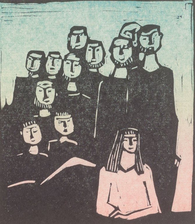 Åke Holm
Woodcut with group figures.
Color print in black, pink, and blue tones.