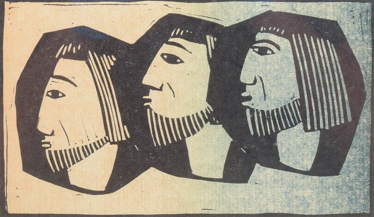 Åke Holm
Composition with three heads.
Coloured woodcut.